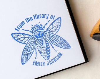 Custom Ex Libris Cicada Book Stamp • Dark Academia Books • Personalized Library Rubber Stamp • Insect Lover Gifts • Book Lover Gift Ideas