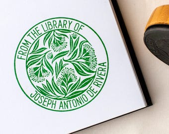 Custom Ex Libris Book Stamp, Eucalyptus Blossom Botanical Art | Personalized Library Bookplate