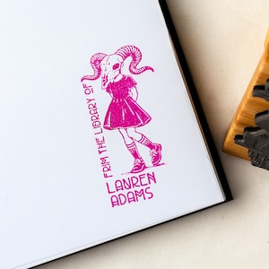 Custom Ex Libris Book Stamp, Ram Skull Girl Gothic Art | Personalized Library Bookplate
