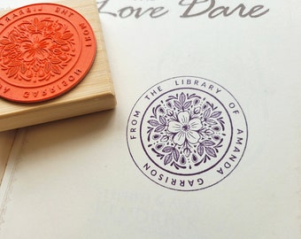 Custom Flower Ex Libris Book Stamp, Botanical Floral Circle Round Stamp, Personalized Library Rubber Stamper, Book Lover Gift for Him or Her