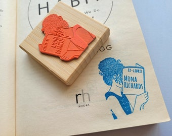 Custom Ex Libris Book Stamp, Woman Reading Book, Personalized Library Rubber Stamper, Book Lover Bibliophile Gift for Him or Her