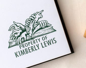 Custom Ex Libris Book Stamp, Book Hands, Personalized Library Rubber Stamper, Book Lover Birthday Gift, Book Collection Wooden Name Stamp