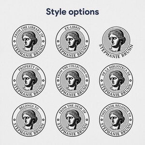 May include: Nine circular bookplate designs with a classical female bust. Text includes variations like "From the Library of Stephanie Brunn" and "Ex-Libris." The words "Style options" are at the top of the image.