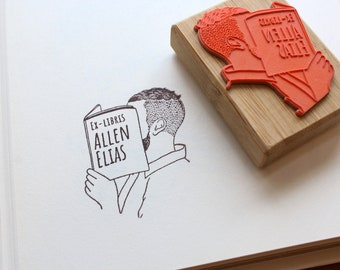 Custom Man Reading Ex Libris Book Stamp, Male Undercut Hair, Personalized Library Rubber Stamps, Book Lover Gift for Boyfriend, Husband Gift