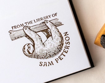 Custom Sloth Ex Libris Book Stamp • Book Lover Birthday Gift Ideas • Book Accessories • Kid's Rubber Stamp • Personalized Name Rubber Stamp