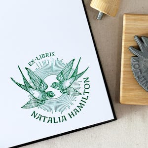 Custom Ex Libris Book Stamp, Two Swallow Birds & Sun Rays, Personalized Library Rubber Stamper, Book Lover Bibliophile Gift for Him or Her