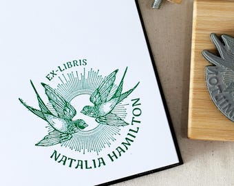 Custom Ex Libris Book Stamp, Two Swallow Birds & Sun Rays, Personalized Library Rubber Stamper, Book Lover Bibliophile Gift for Him or Her
