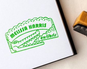Custom Book Stamp, Whimsical Crocodile Line Art | Personalized Library Bookplate