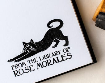 EX LIBRIS Custom Cat Book Stamp - Customized Black Kitty Library Stamp -  Personalized Wood Mounted Stamper - Cat Lover Book Gift Idea