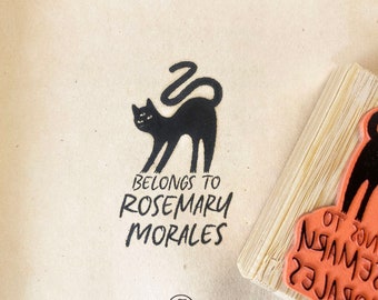 EX LIBRIS Sello de libro de gato personalizado - Sello personalizado de la biblioteca Black Kitty - Estampador personalizado montado en madera - Idea de regalo de libro para amantes de los gatos