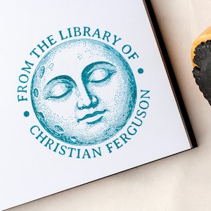 Custom Ex Libris Book Stamp, Celestial Moon Face Engraving | Personalized Round Bookplate