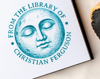 Custom Ex Libris Book Stamp, Celestial Moon Face Engraving | Personalized Round Bookplate