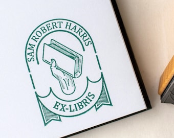Custom Ex Libris Stamp, Hand Holding Book Engraving | Personalized Library Bookplate
