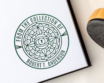 Custom Ex Libris Book Stamp, Compass Eye Mandala | Personalized Library Bookplate