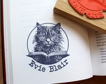 Timbro del libro personalizzato, Cat with Glasses Library Stamp, Custom Dark Academia Gothic From the Library of, Ex Libris Book Lover Gift Idea