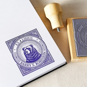 Carimbo personalizado Art Déco Bear Ex Libris, Carimbo personalizado Ex Libri Library, Ideia de presente para amantes de livros, Carimbos Dark Academia, Acessórios para livros