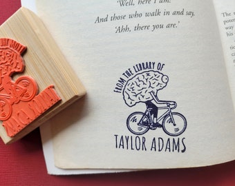 Custom Ex Libris Book Stamp, Brain Riding Bike, Personalized Library Rubber Stamper, Book Lover Bibliophile Gift for Him or Her