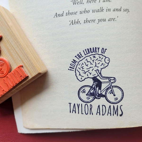 Custom Ex Libris Book Stamp, Brain Riding Bike, Personalized Library Rubber Stamper, Book Lover Bibliophile Gift for Him or Her