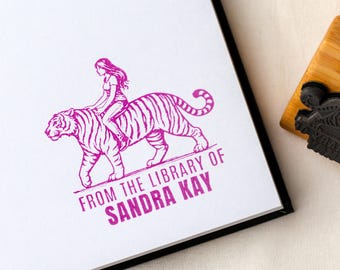 Custom Name Book Stamp, Woman Riding Tiger Fine Engraving | Personalized Library Bookplate