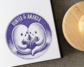 Custom Two Ghosts Sharing Book Stamp, Personalized Couple Library Stamp, Dark Academia Rubber Stamp, Book Club Name Stamp, Couple Gift Ideas