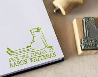Custom Ex Libris Book Stamp, Cute Sitting Frog, Personalized Library Rubber Stamper with Ink Pad, Book Lover Bibliophile Gift for Him or Her