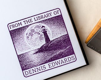 Custom Ex Libris Book Stamp - Personalized Dark Academia Library Rubber Stamp - Stippling Scenery  - Book Lover Gift Stamper