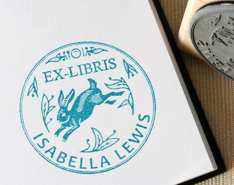 Custom Ex-Libris Leaping Rabbit Book Stamp, Rabbit Bookplate, Personal Library Wood Mounted Rubber Stamp, Bunny Stamps, Bookworm Gift Ideas