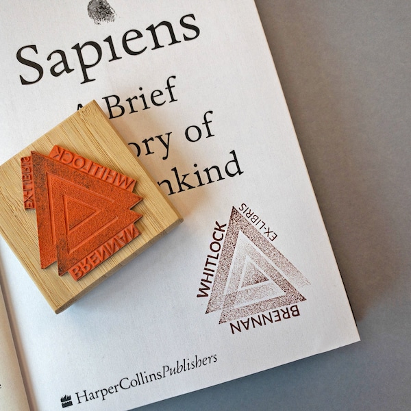 BOOK STAMP - Custom Book Lover Birthday Gift - Geometric Triangle Ex Libris Library Stamp - Personalized Book Collection