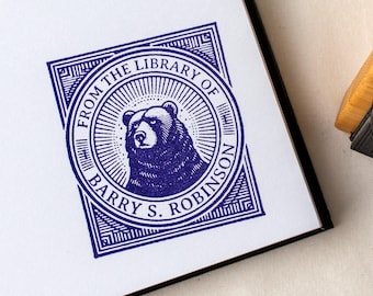 Custom Art Deco Bear Ex Libris Book Stamp, Personalize Ex Libri Library Stamp, Book Lover Gift Idea, Dark Academia Stamps, Book Accessories