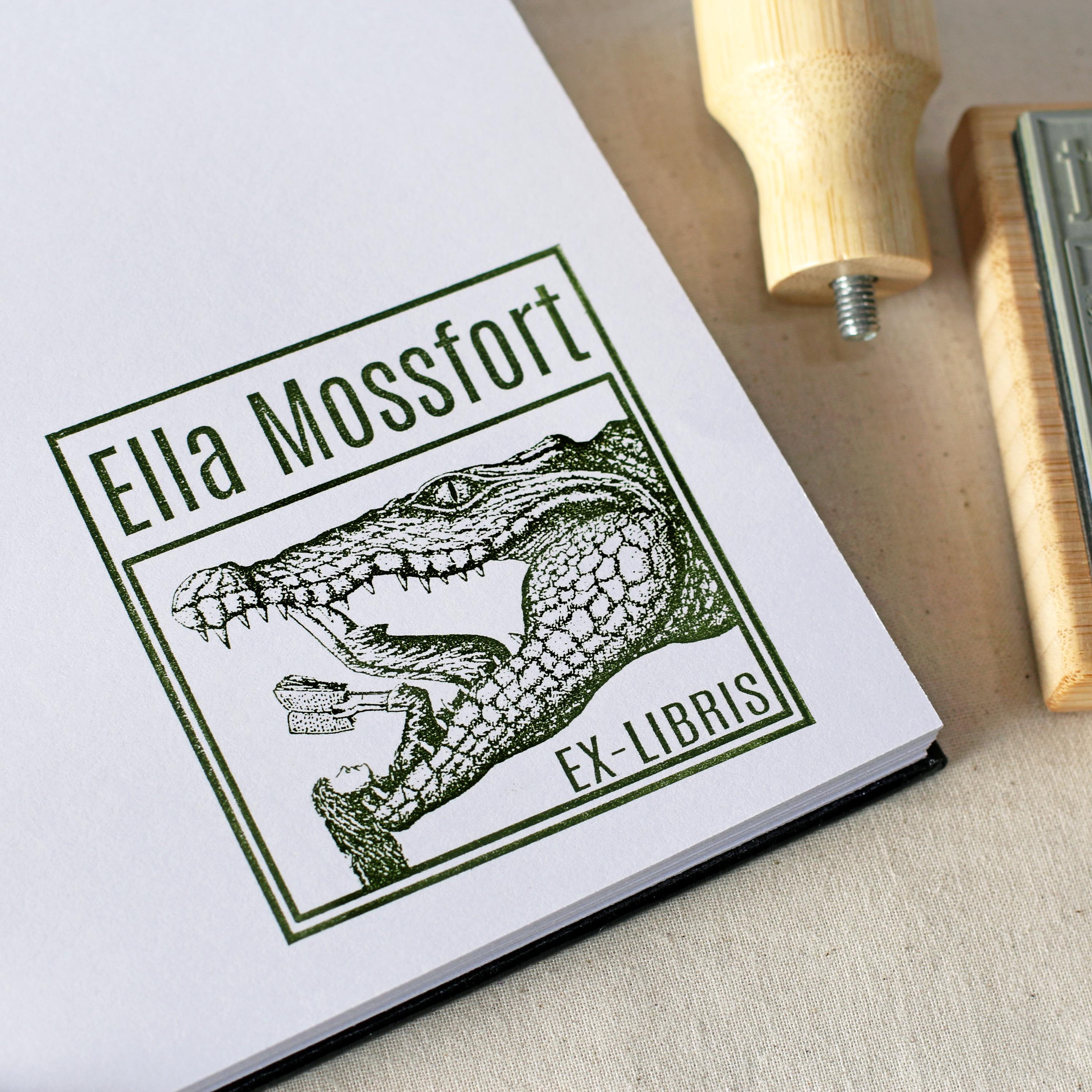 Custom Ex-Libris Stamp - Alligator and woman Reading Book Illustration - Custom Library Name Stamp - Cool Library Stamp - Book Lover Gift