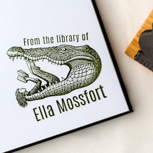 Custom Book Stamp, Girl Reading in Crocodile Engraving | Personalized Library Bookplate