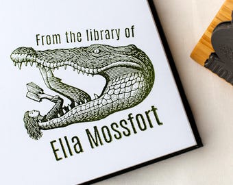 Custom Book Stamp, Girl Reading in Crocodile Engraving | Personalized Library Bookplate