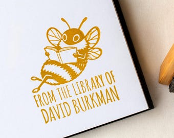 Custom Book Stamp, Reading Bee Ink Drawing | Personalized Ex Libris Library Bookplate