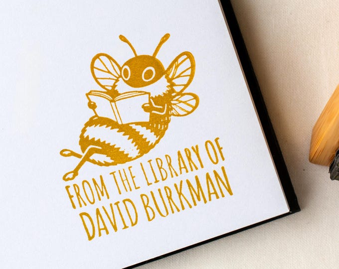 Custom Book Stamp, Reading Bee Ink Drawing | Personalized Ex Libris Library Bookplate