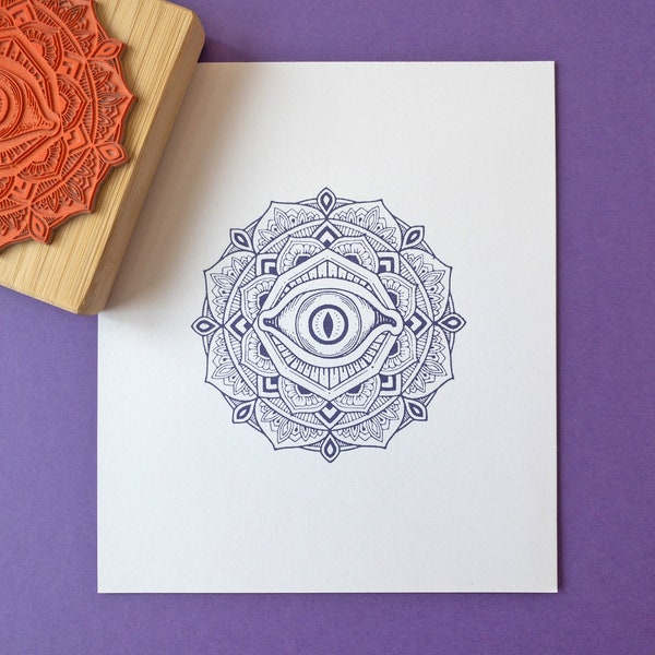 Psychedelic Evil Eye Mandala Rubber Stamp - Esoteric Third Eye Stamp - Magic Evil Eye Stamper - Hippie Art - Fabric Wood Mounted Craft Stamp