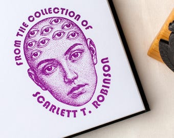 Custom Surreal Book Stamp, Multi-Eyed Woman Dotwork | Dark Academia Ex Libris Bookplate