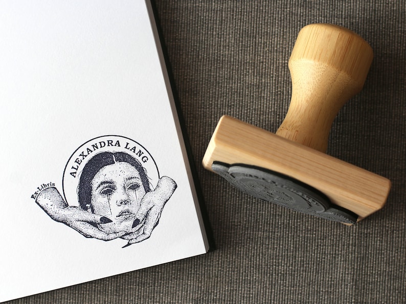 Custom Ex Libris Book Stamp Personalized Gothic Dark Academia Library Rubber Stamp Holding Head in Hands Book Lover Gift Stamper image 3