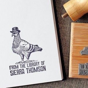 Custom Ex Libris Book Stamp, Pigeon With Hat, Personalized From the Library of Rubber Stamp, Book Lover Gift, Human Animals Illustration image 1