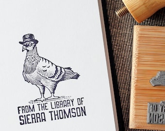 Custom Ex Libris Book Stamp, Pigeon With Hat, Personalized From the Library of Rubber Stamp, Book Lover Gift, Human Animals Illustration