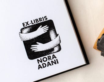 Custom Ex Libris Book Stamp, Book Hug Stipple Art | Personalized Library Bookplate