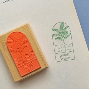 Custom Ex Libris Book Stamp, Minimalist Waves and Palm Tree, Personalized Library Rubber Stamper, Book Lover Bibliophile Gift for Him or Her