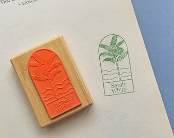 Custom Ex Libris Book Stamp, Minimalist Waves and Palm Tree, Personalized Library Rubber Stamper, Book Lover Bibliophile Gift for Him or Her