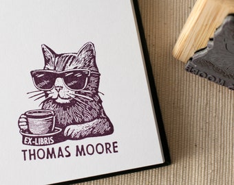 Custom Ex Libris Cat with Coffee Mug Book Stamp, Personalized Library Rubber Stamp, Coffee Lover Gift Ideas, Cat Mom, Best Gift for Bookworm