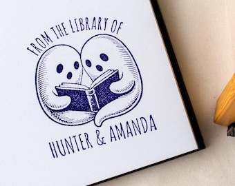 Custom Two Ghosts Sharing Book Stamp, Personalized Couple Library Stamp, Dark Academia Rubber Stamp, Book Club Name Stamp, Couple Gift Ideas