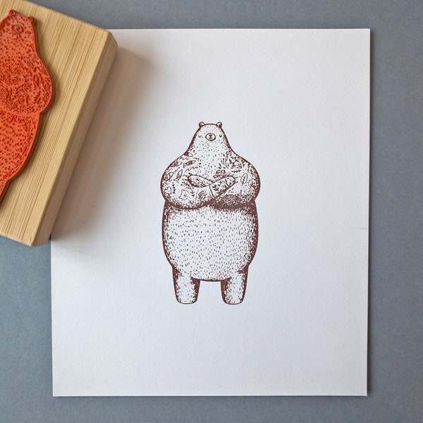Bear Bouncer with Tattoos Rubber Stamp - Wood Mounted Illustration Stamp - Custom Made Stamps for Card Making - Funny Bear - Scrapbooking