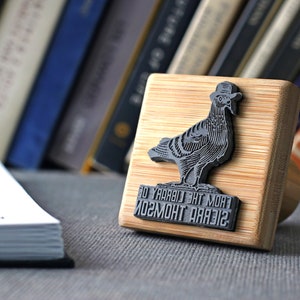 Custom Ex Libris Book Stamp, Pigeon With Hat, Personalized From the Library of Rubber Stamp, Book Lover Gift, Human Animals Illustration image 2