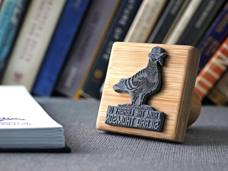 Custom Ex Libris Book Stamp, Pigeon With Hat, Personalized From the Library of Rubber Stamp, Book Lover Gift, Human Animals Illustration image 2