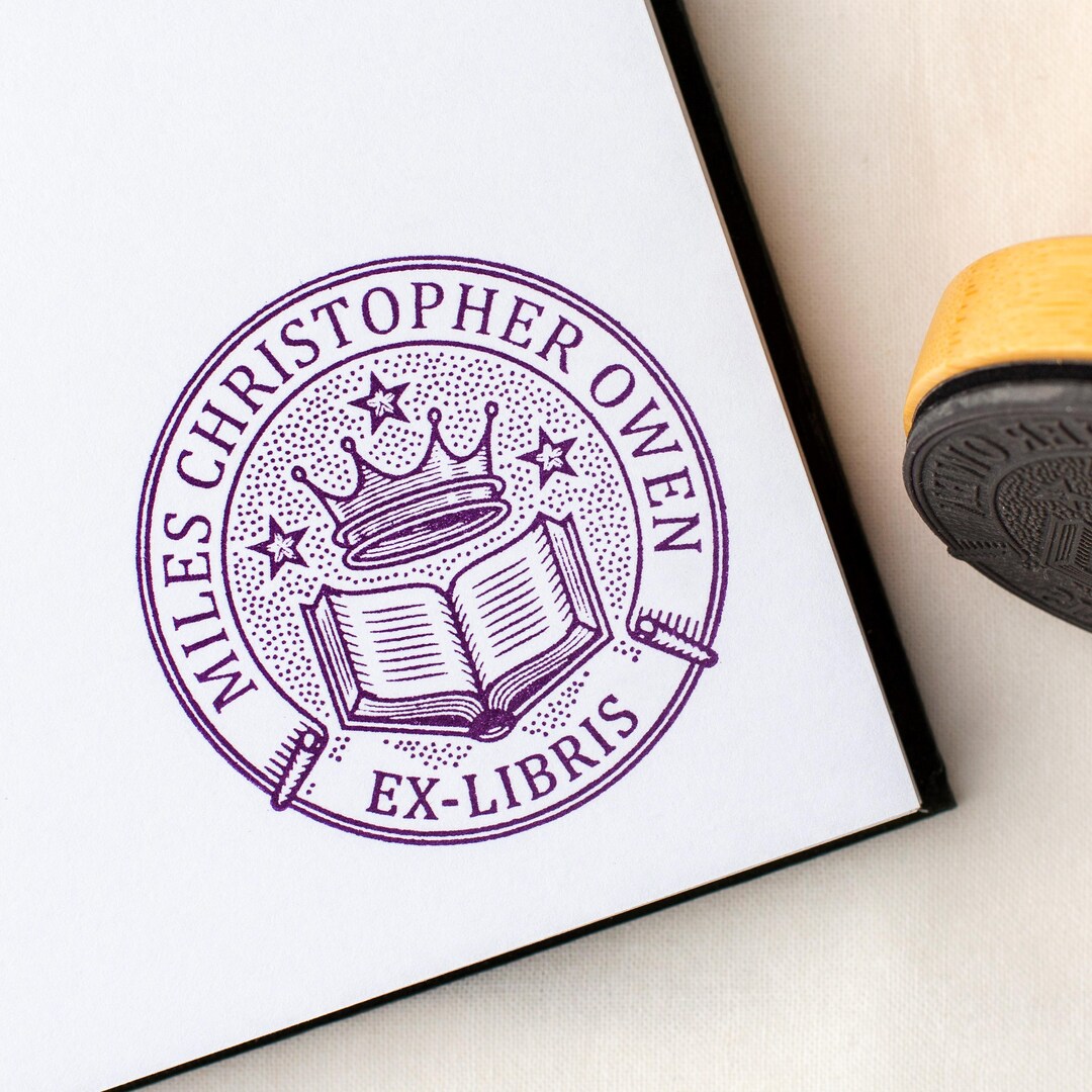 Custom Ex Libris Round Book Stamp, Crown and Book Crest Seal ...