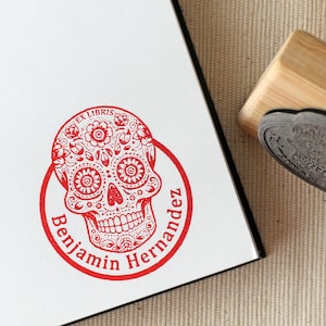 Zuckerschädel Buch Stempel, Tag der Toten, Dark Academia Bibliothek Stempel, Dia De Muertos, Ex Libris Stempel, Bücherwurm Geschenk für Sie