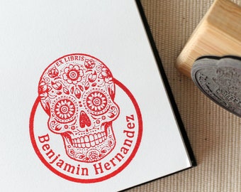 Custom Sugar Skull Book Stamp, Day of the Dead, Dark Academia Library Stamps, Dia De Muertos, Ex Libris Rubber Stamp, Bookish Gift for Her